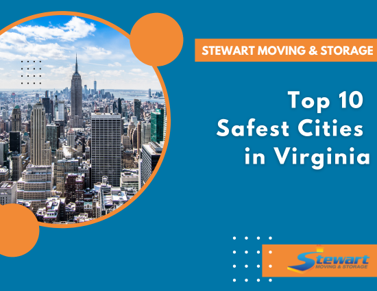 Top 10 safest cities in Virginia graphic, featuring New York City skyline, with Stewart Moving & Storage logo.