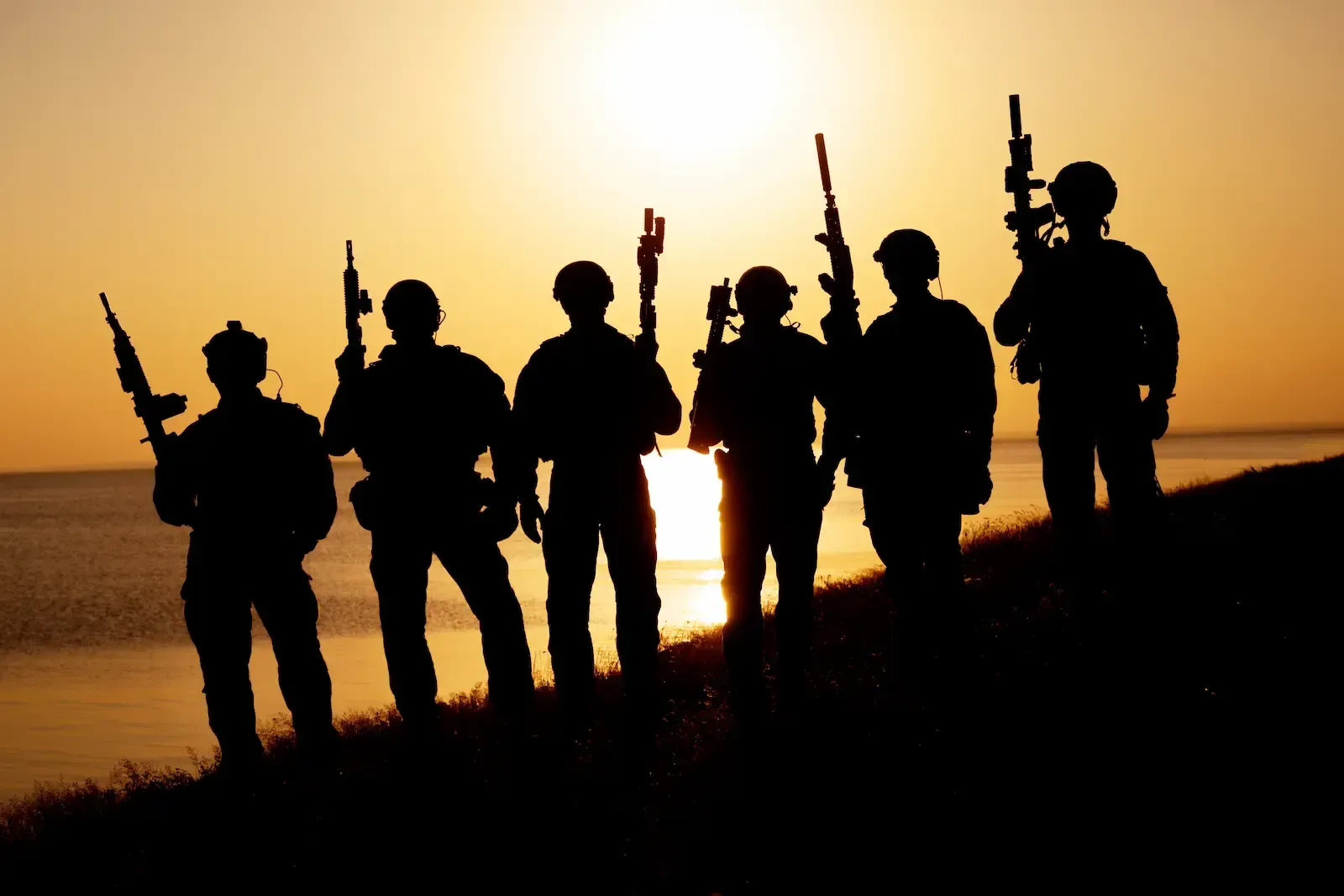 Silhouette of armed soldiers at sunset, overlooking water.