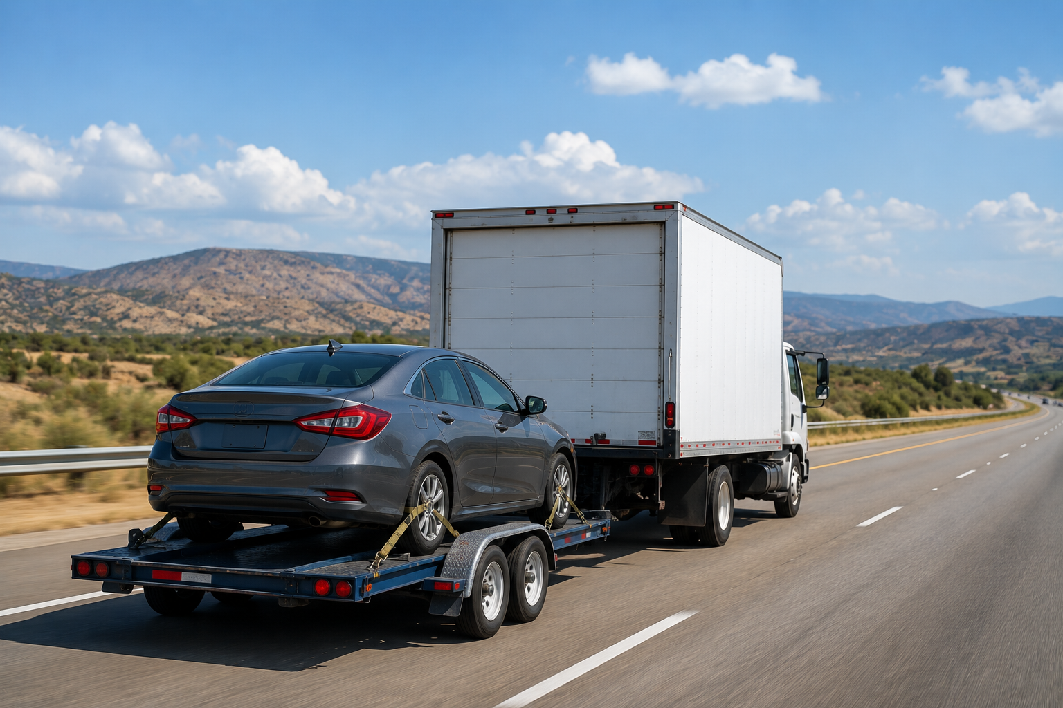 Black sedan on a car-hauler trailer being towed on a highway with mountains in the background