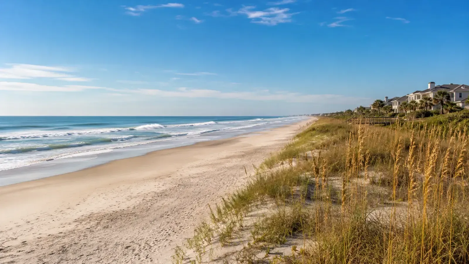 Sunny beach with gentle waves, sandy shore, and grassy dunes under a clear blue sky