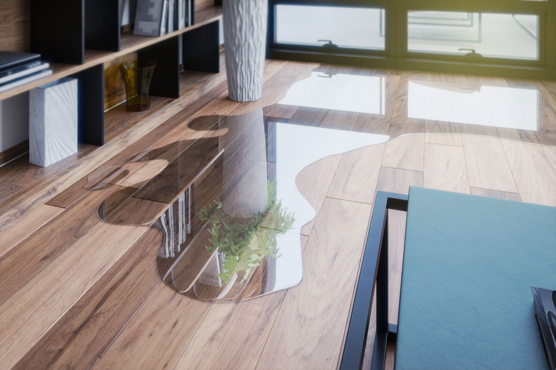Water spilled on a wooden floor, reflecting light and a plant near a window. A bookshelf and table are in view.