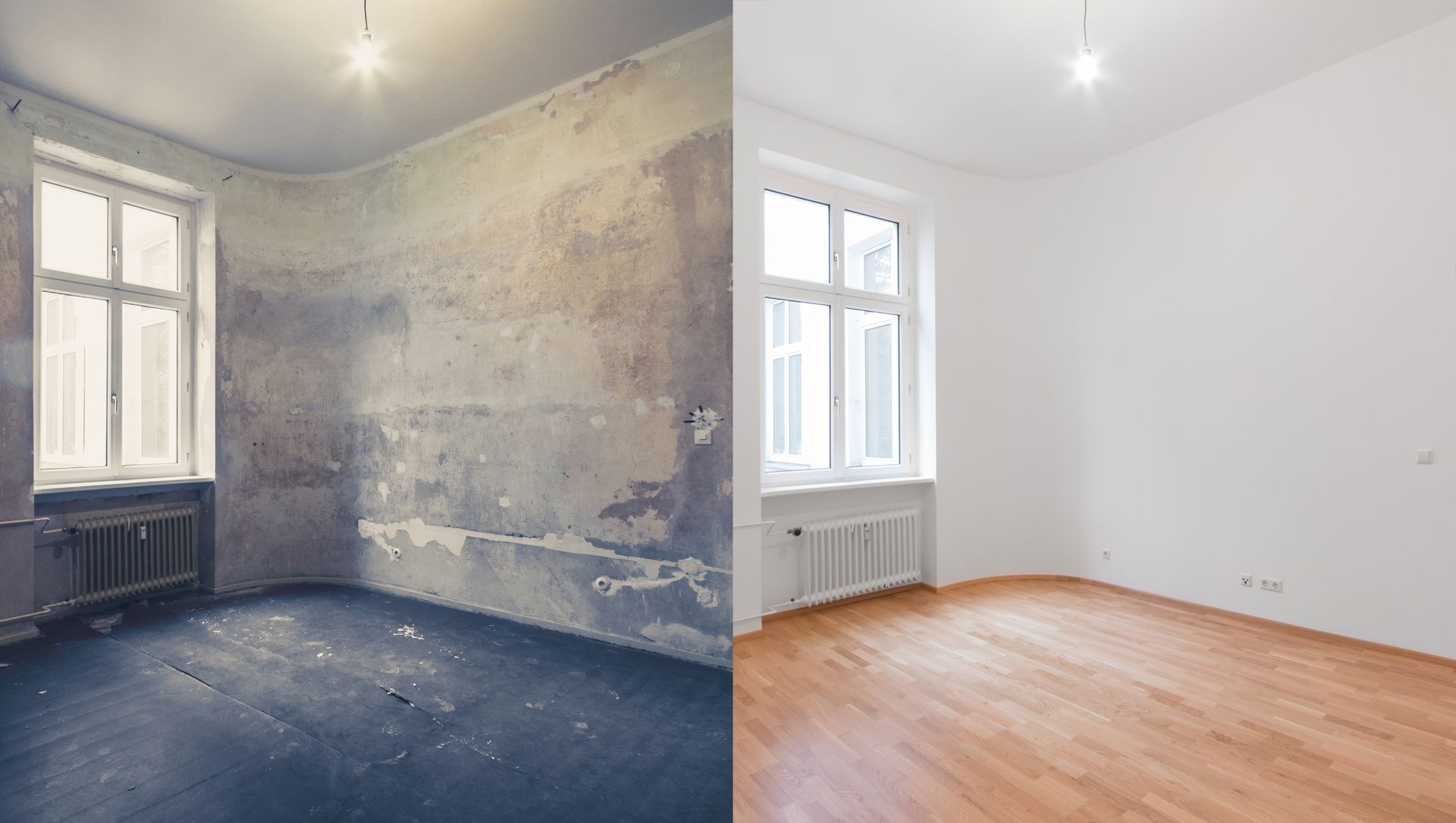 Room renovation comparison: before, with peeling paint and dark floor; after, with white walls and wood floor.
