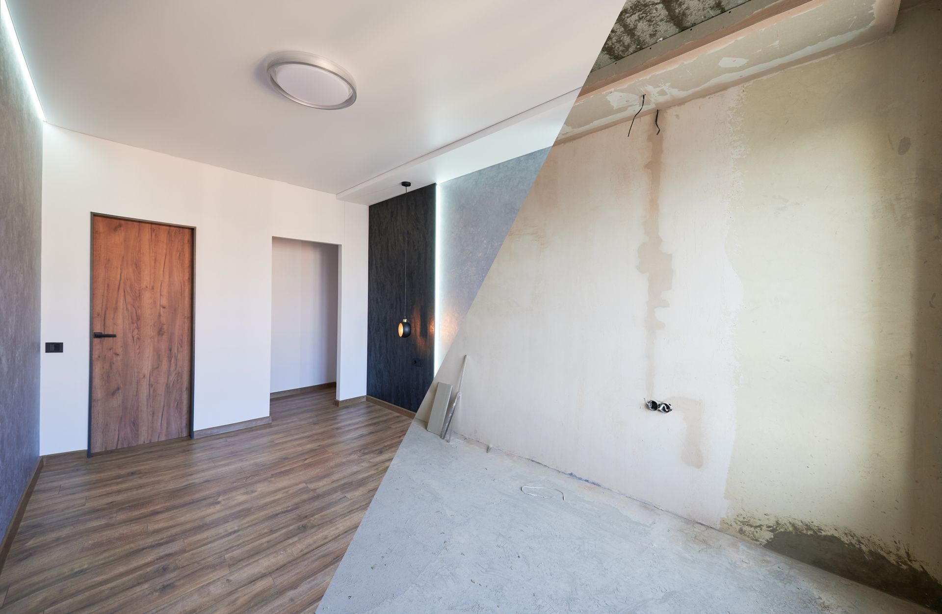 Room renovation before and after: finished room with wood floors and doors, unfinished side with concrete and exposed wiring.