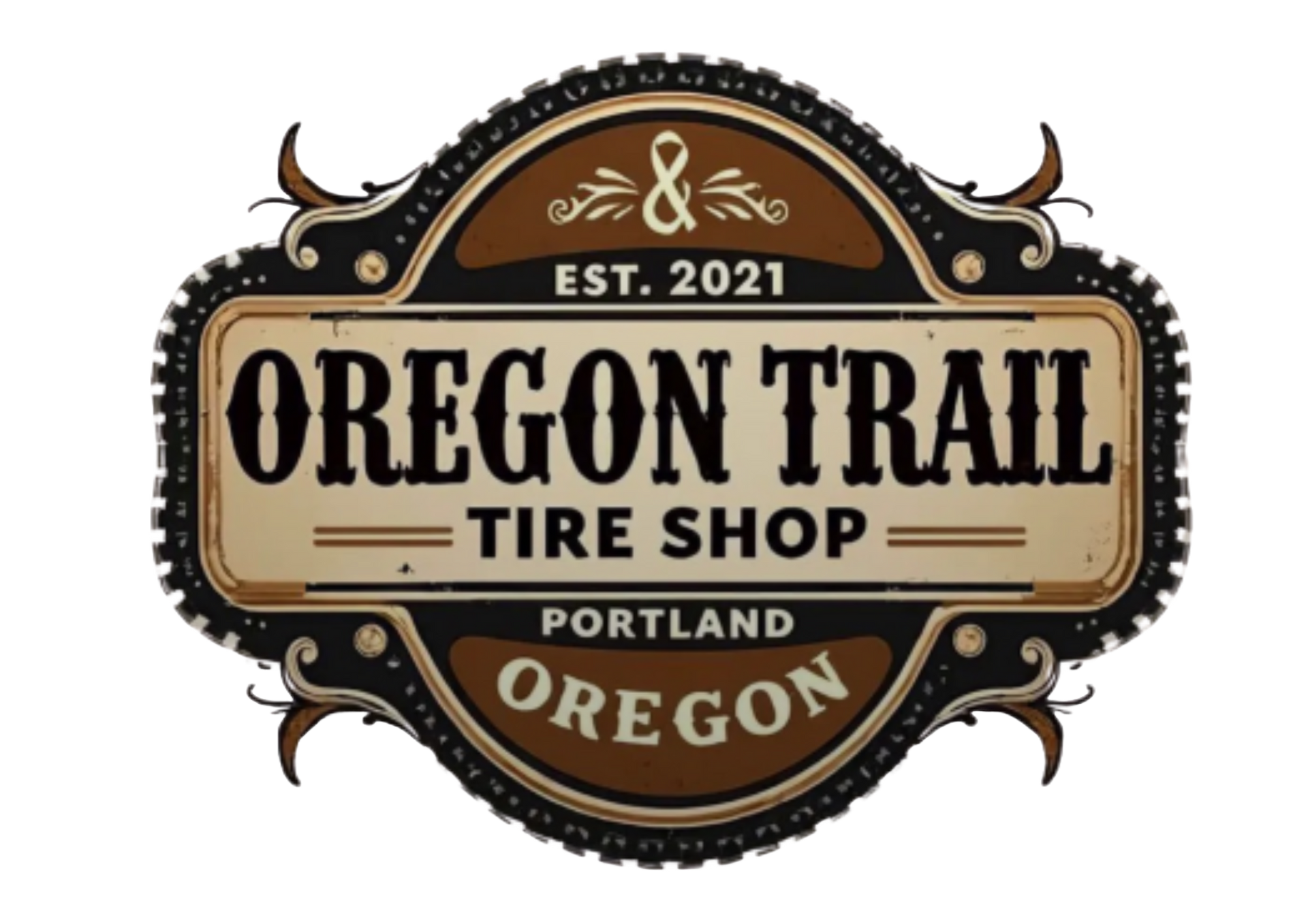 The logo for the oregon trail tire shop in portland oregon