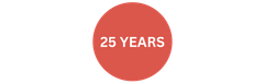A red circle with the words `` 25 years '' written inside of it.