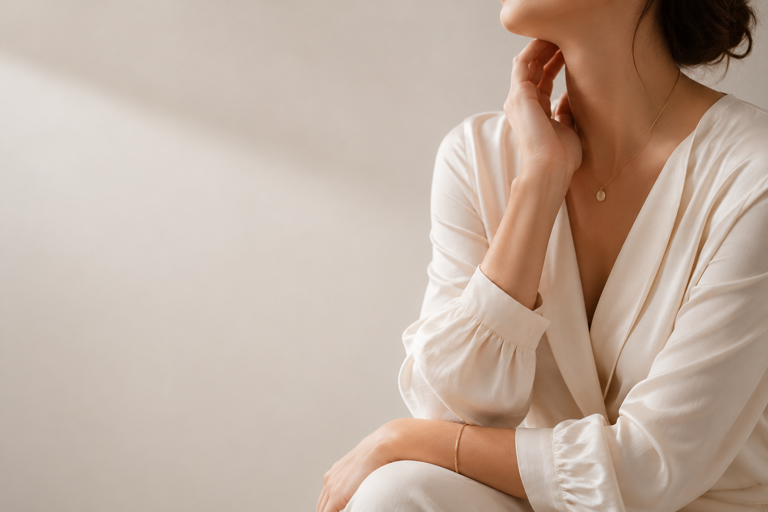 Woman shown from shoulders down with hand resting near jaw for masseter Botox article cover