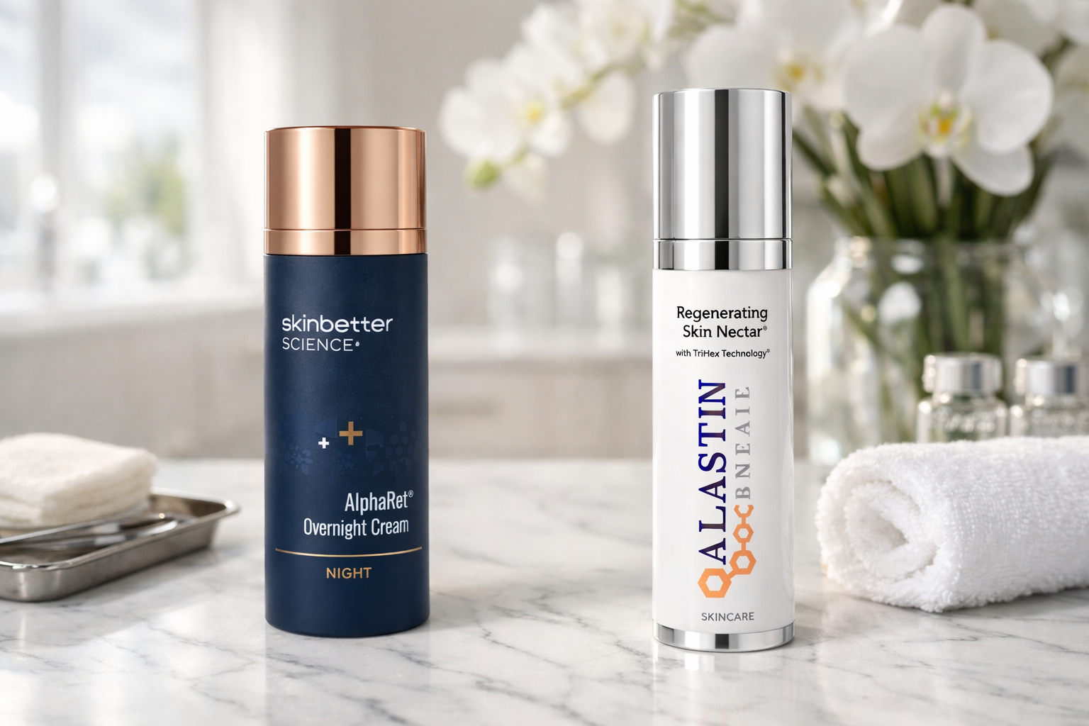 bottle of Skinbetter Science AlphaRet Overnight Cream and Alastin Skincare Regenerating Skin Nectar