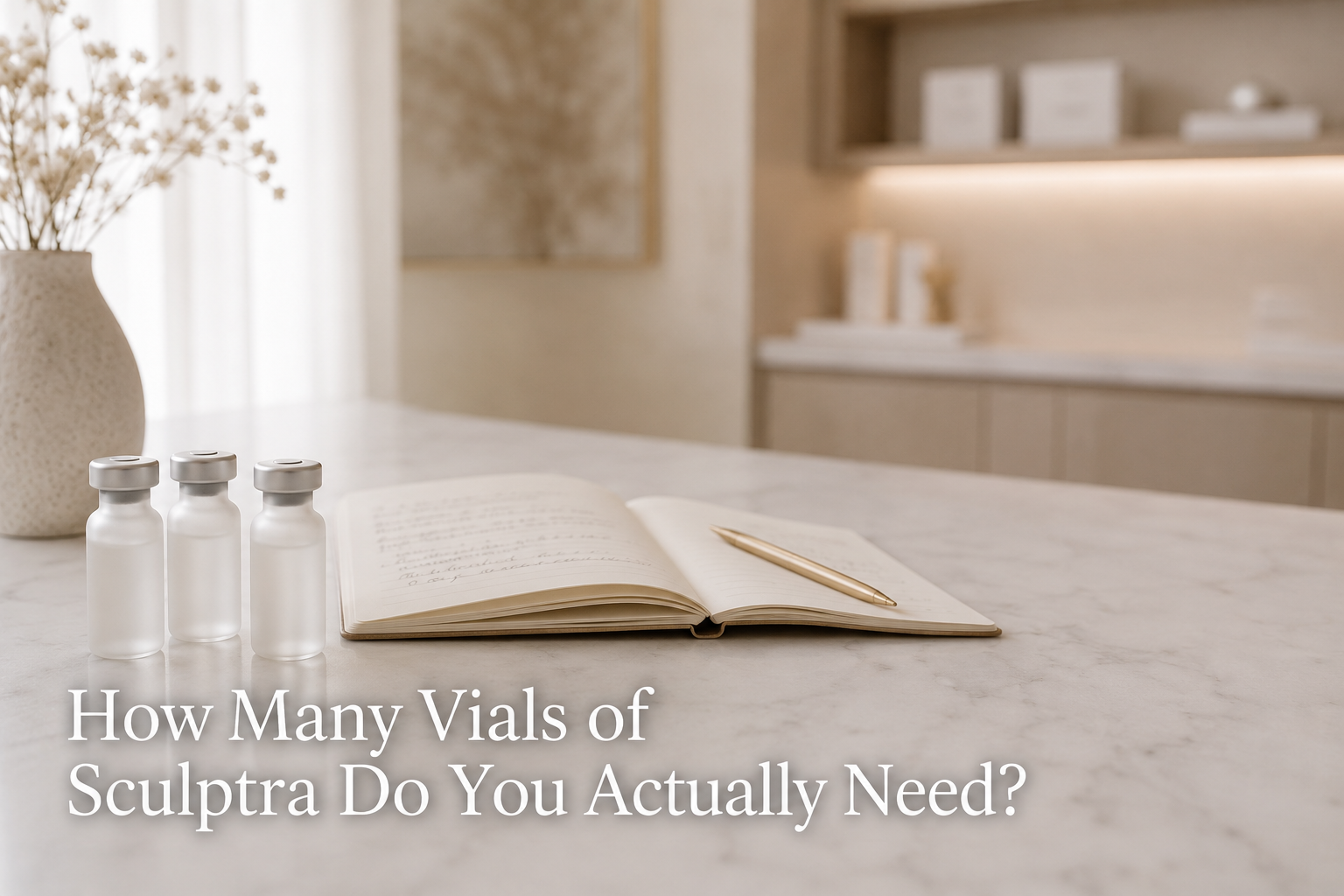 Frosted Sculptra vials and consultation notepad in a Miami Lakes aesthetics suite