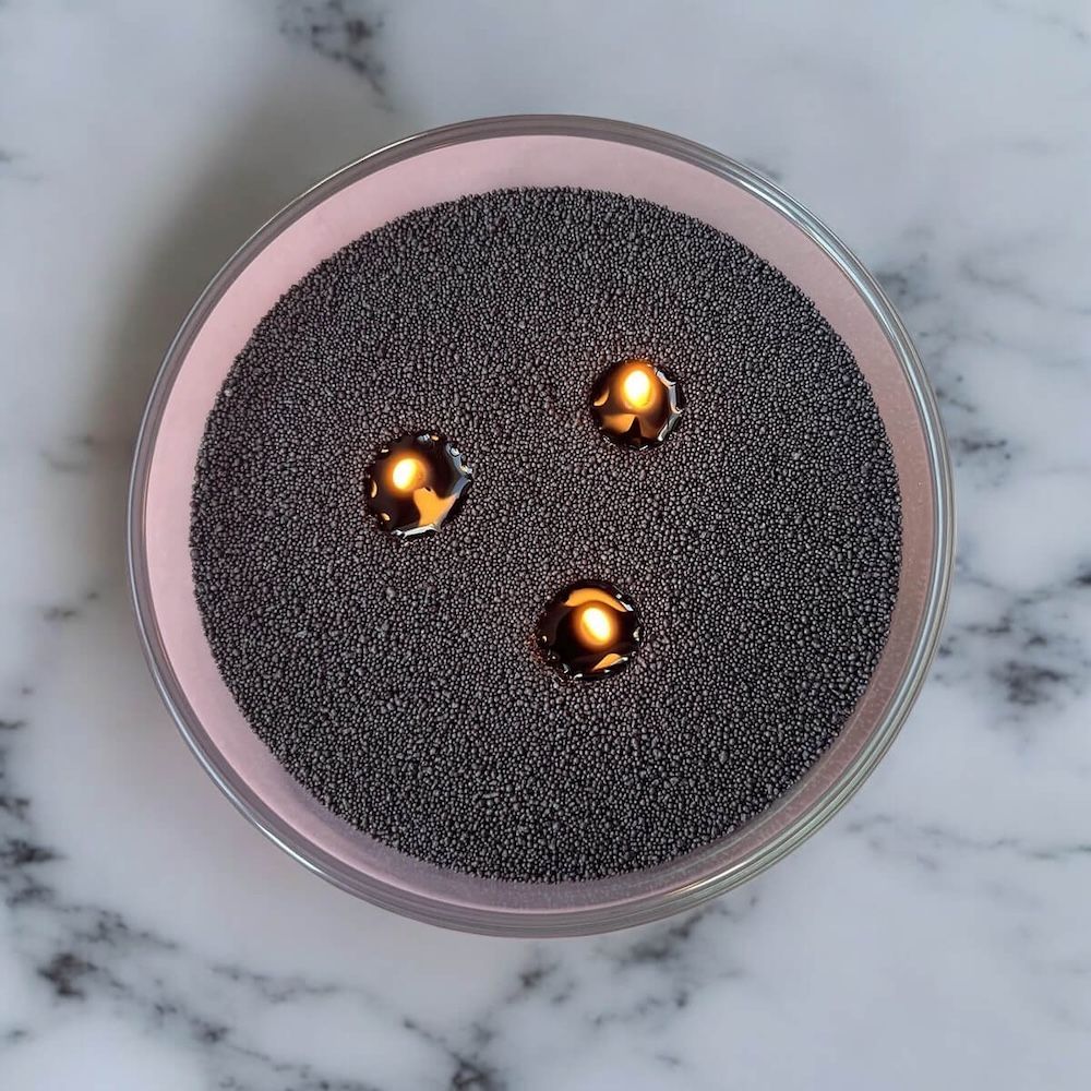 Bougie allumée à trois mèches dans un récipient en verre circulaire, posée sur un fond de cire rose, sur une surface en marbre.