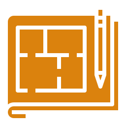 An orange icon of a floor plan with a pencil.