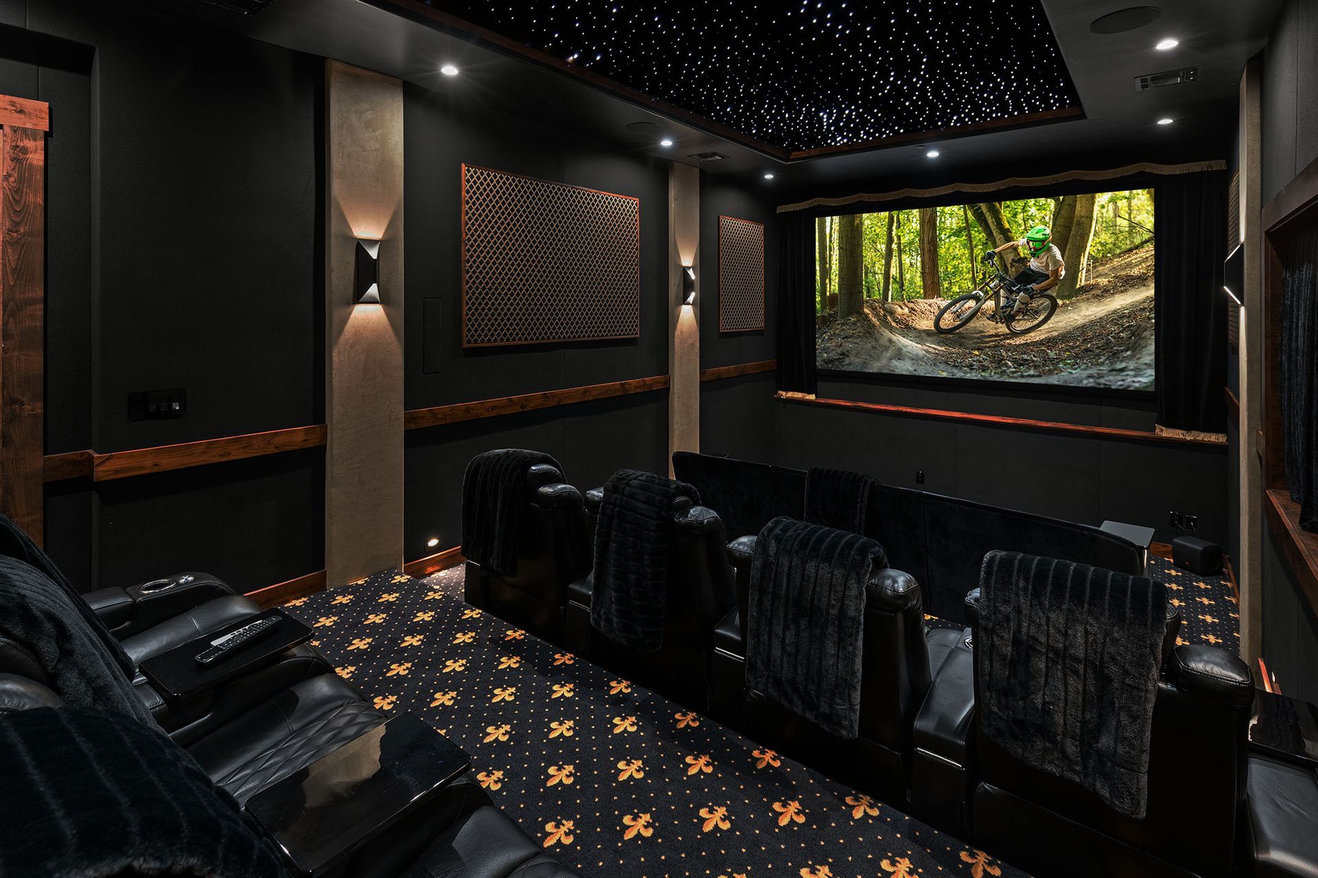A home theater with a large screen and a lot of seats
