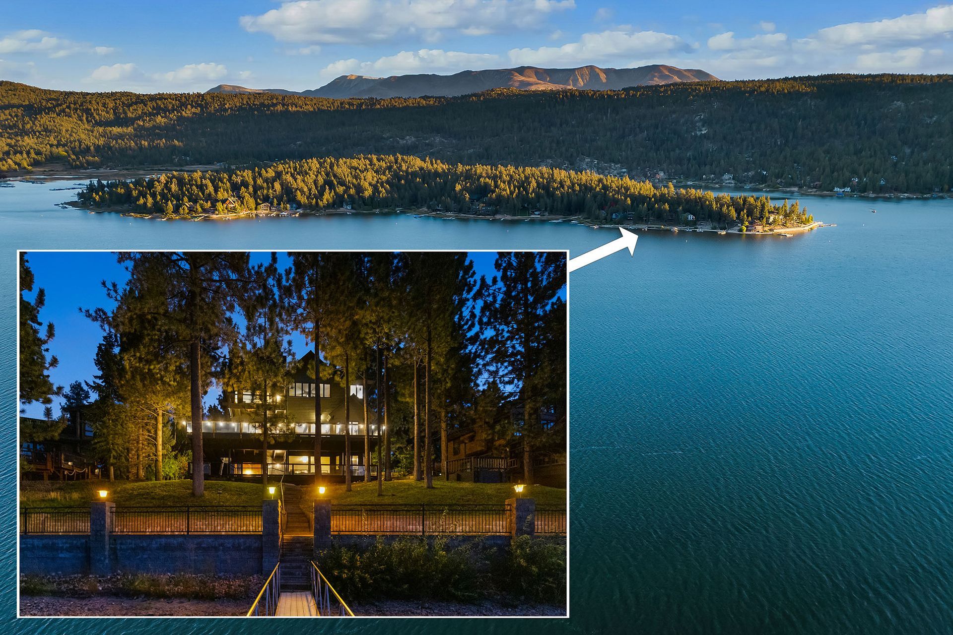 A house sits on a small island in the middle of a lake