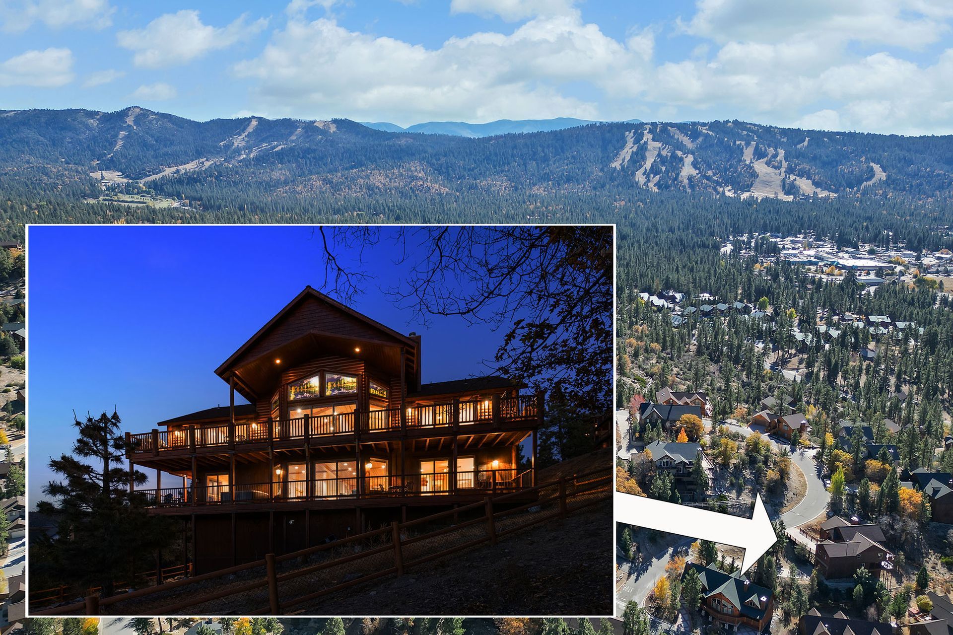 An aerial view of a house with mountains in the background