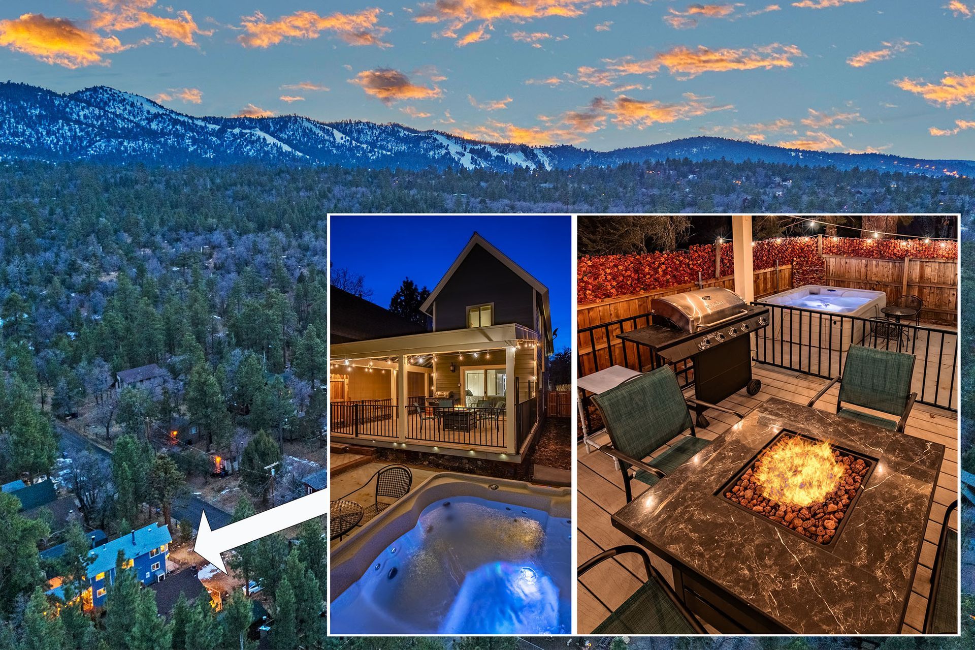 An aerial view of a house with a pool and a fire pit