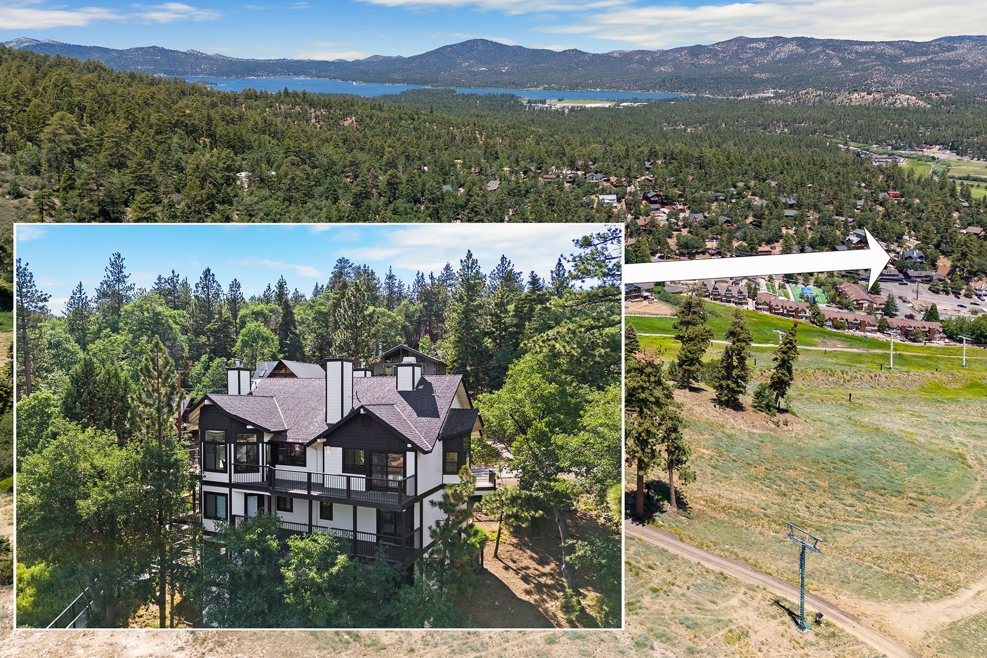 An aerial view of a house in the middle of a forest