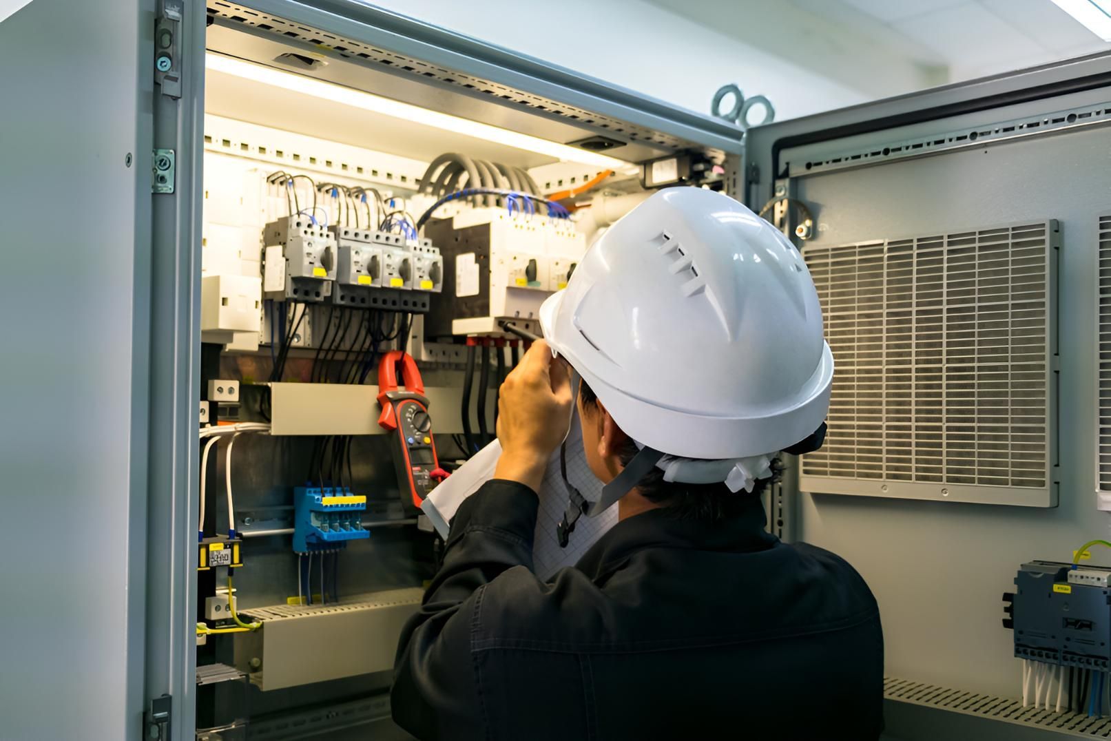 A Man Wearing A Hard Hat Is Working On An Electrical Box — Keany's Electrical Service In North Nowra, NSW