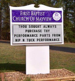 A church sign that says thou shalt always purchase thy performance parts from nip n tuck performance