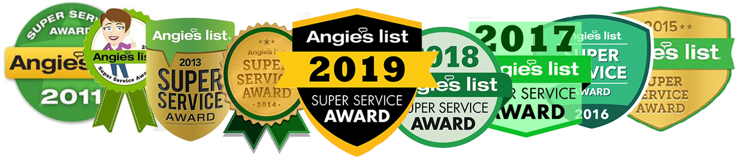 A collection of Angie’s List Super Service Awards from 2011 to 2019, displayed as overlapping green and gold circular badges.
