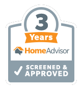 HomeAdvisor Screened & Approved badge for 3 years, featuring a grey shield, orange banner, and white checkmark.