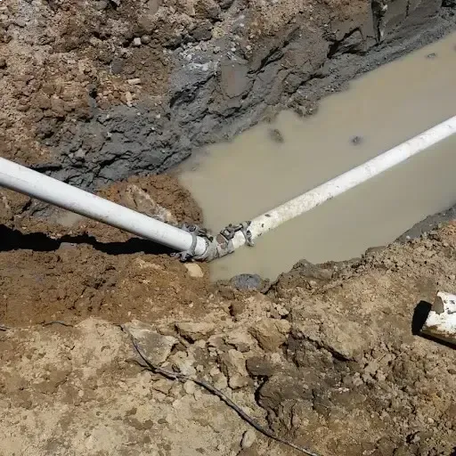 A white PVC pipe is joined in a muddy, water-filled construction trench.