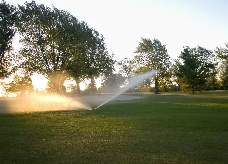 A sprinkler sprays water over a green golf course lawn during a sunny, golden sunset.