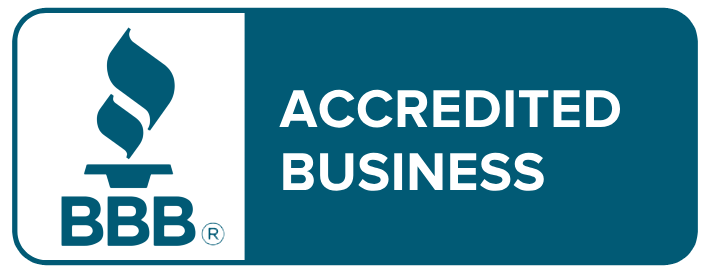 BBB Accredited Business logo with a teal blue flame icon on the left and white text on a teal background.