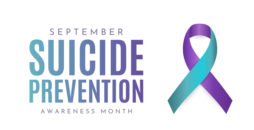 September Suicide Prevention Awareness Month graphic with teal and purple ribbon.