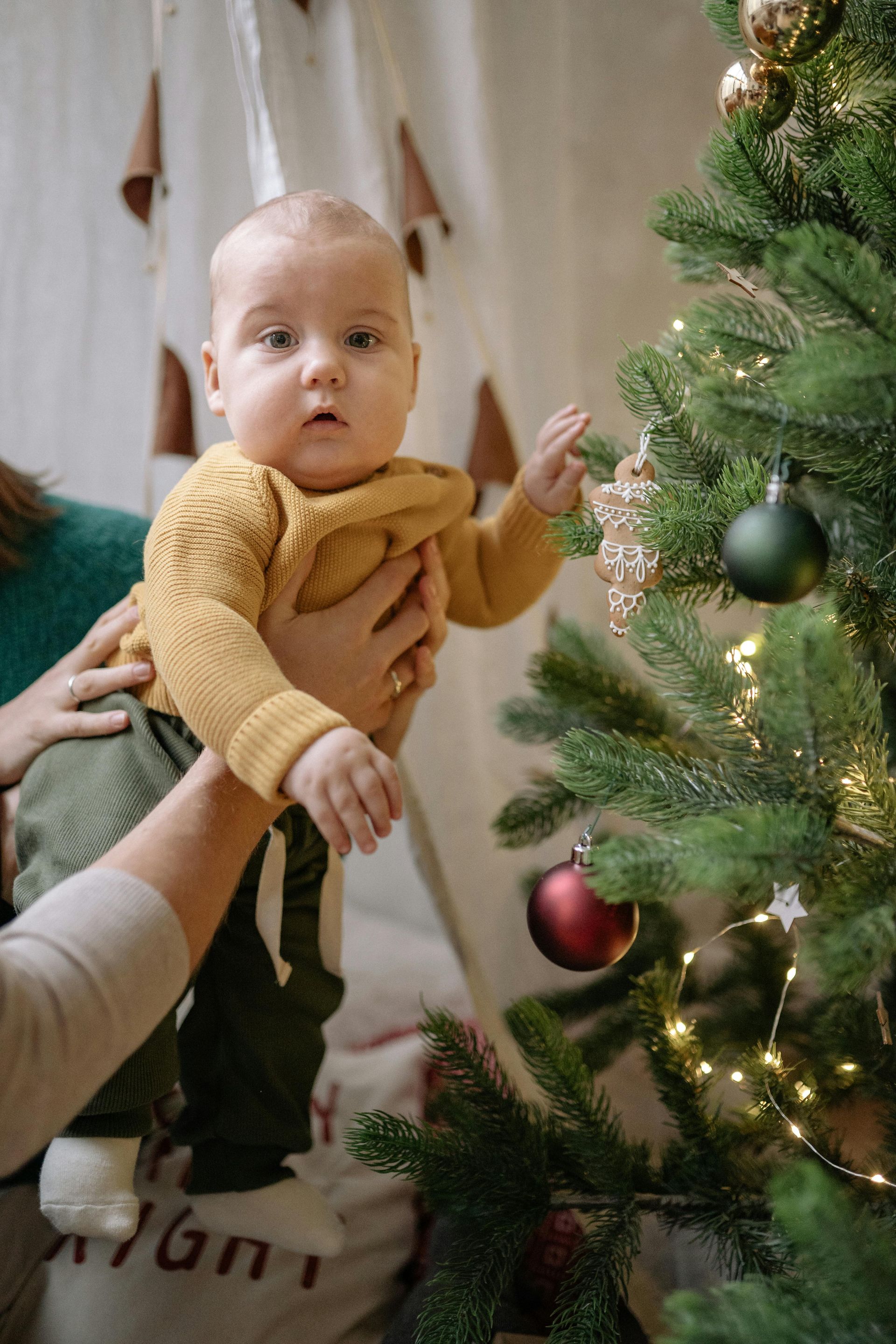 A woman is holding a baby in front of a christmas tree.