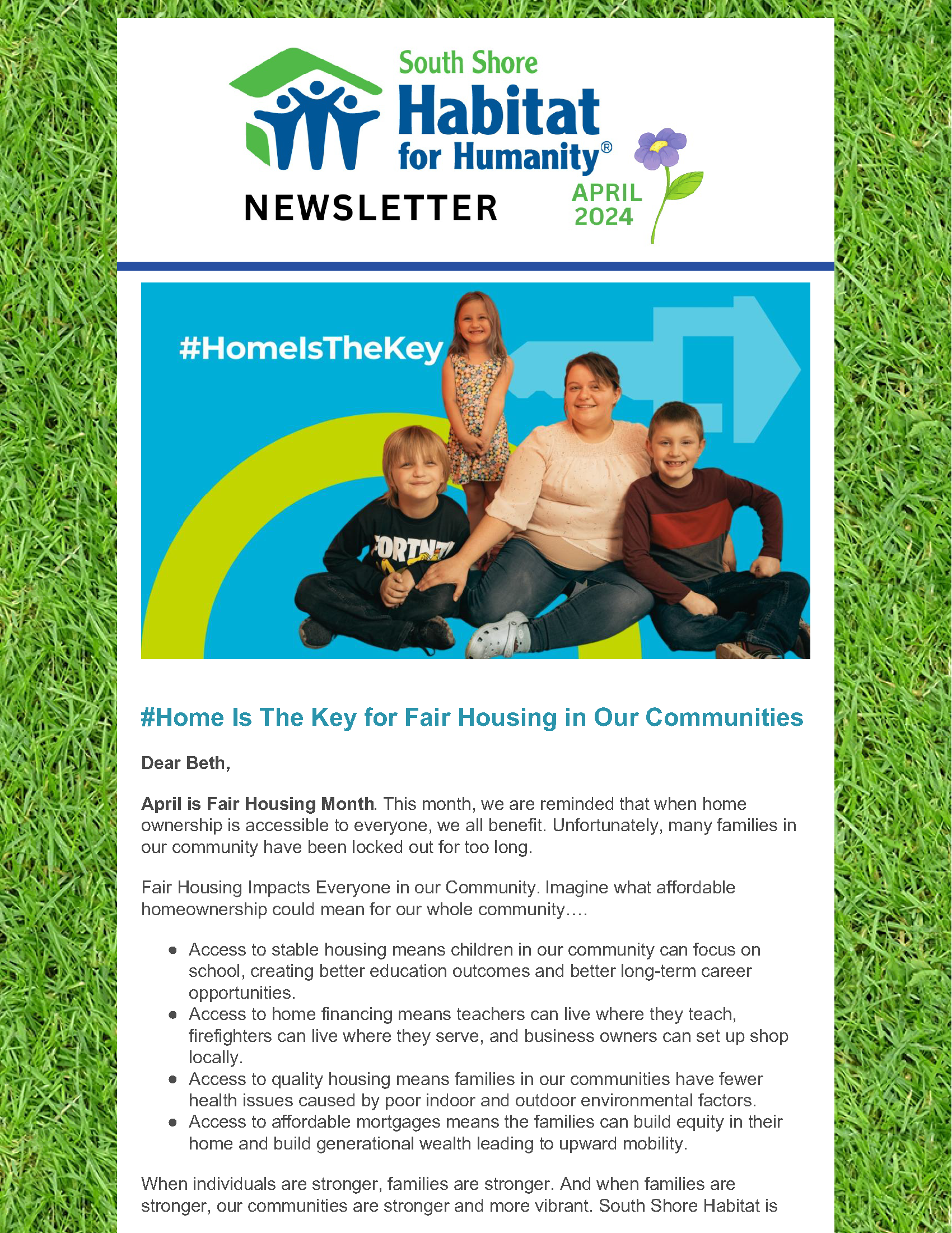 A habitat for humanity newsletter with a picture of a family