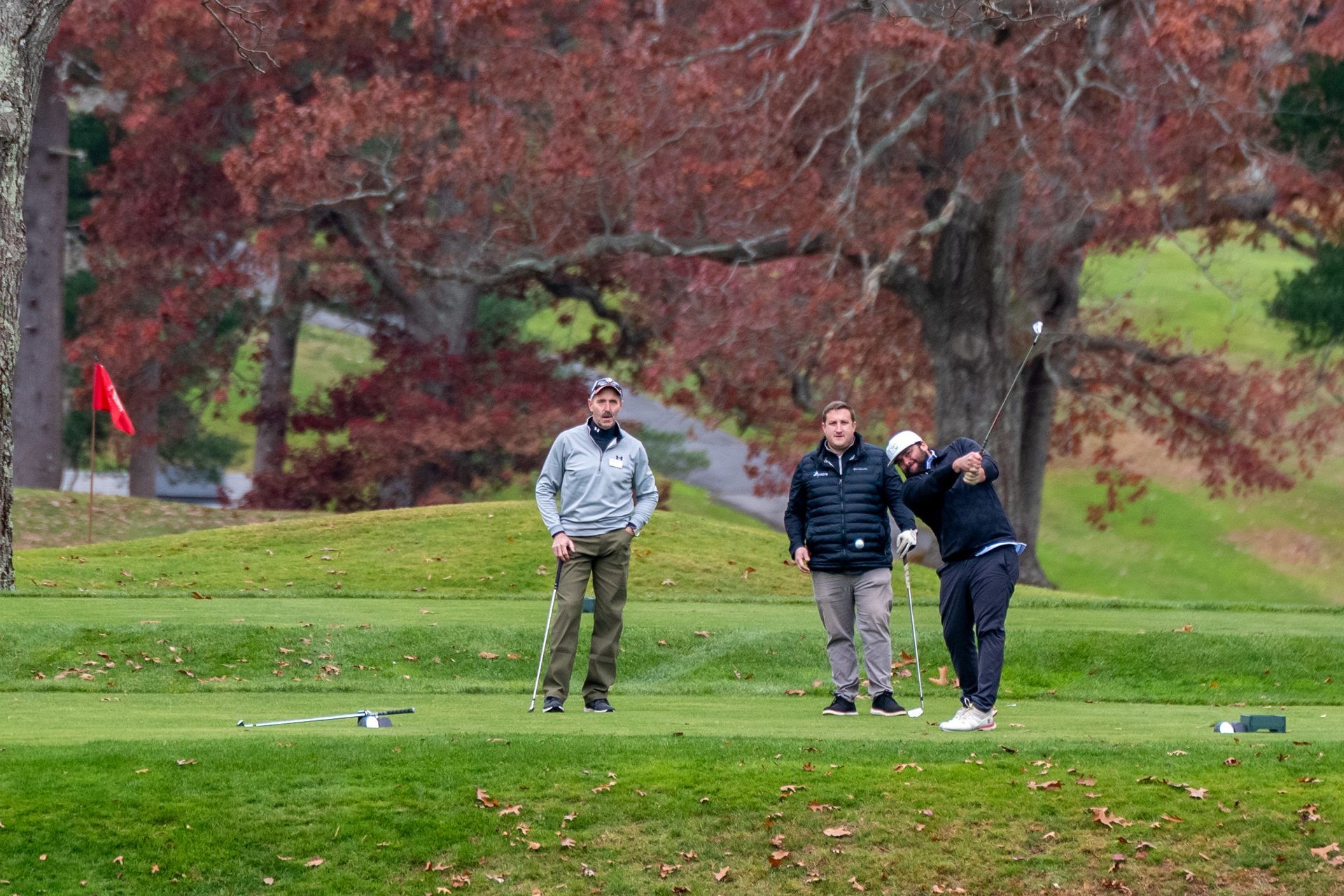 Three men are playing golf on a green with trees in the background