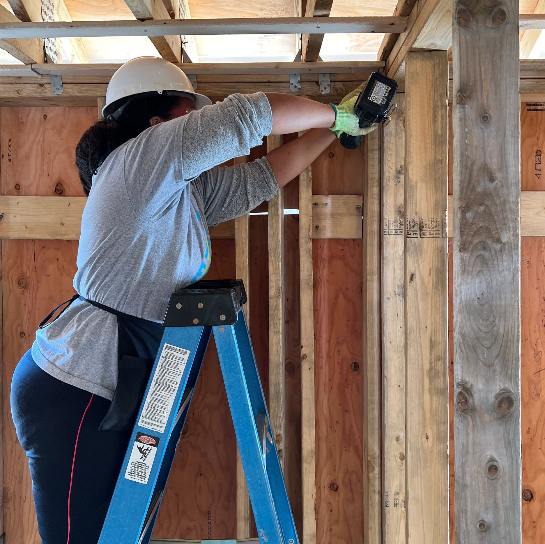 A woman is standing on a blue ladder working on a wooden wall