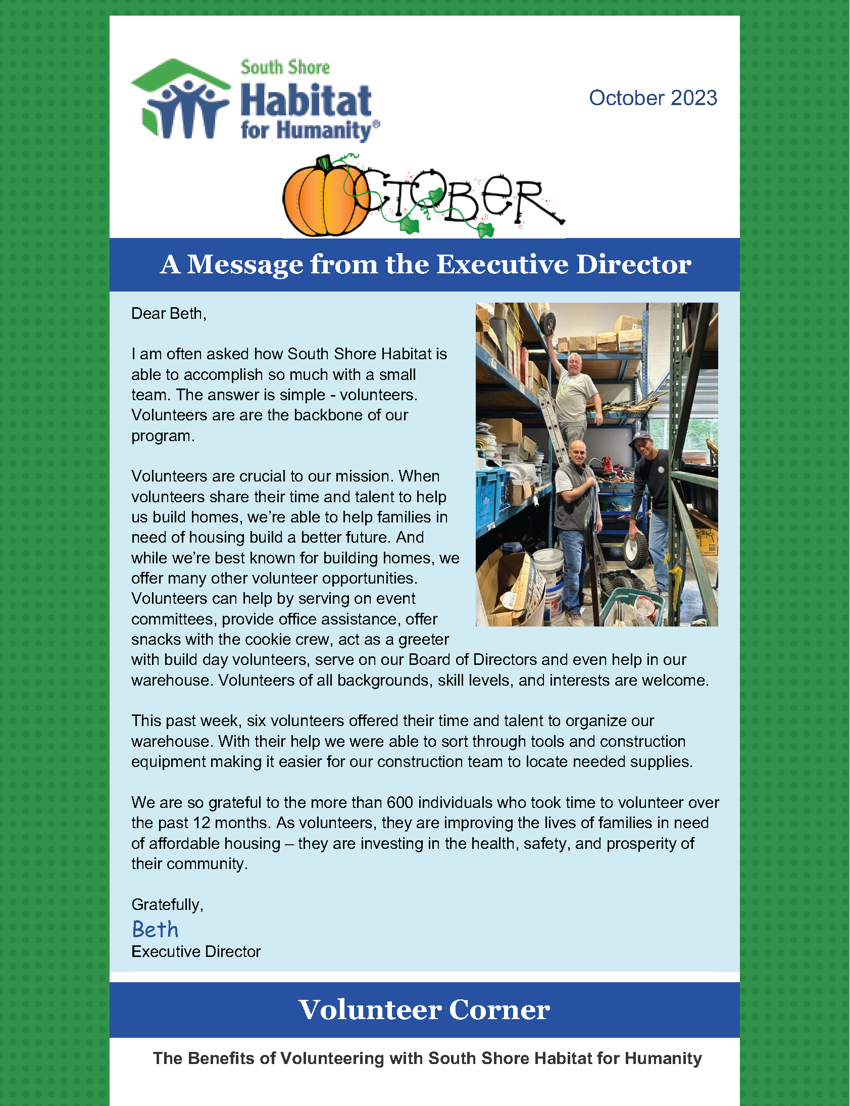 A habitat for humanity newsletter with a picture of a pumpkin