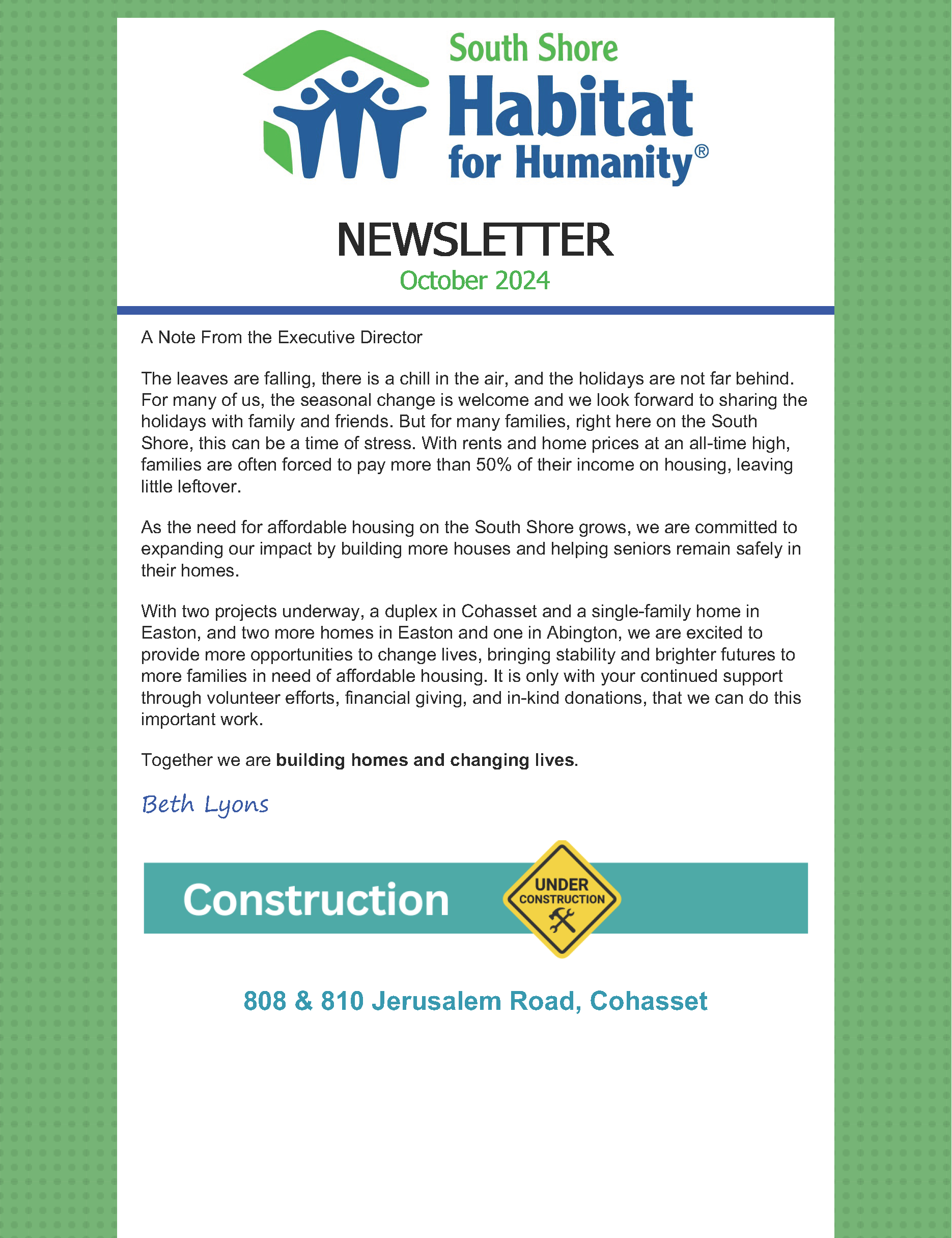 A newsletter from the south shore habitat for humanity