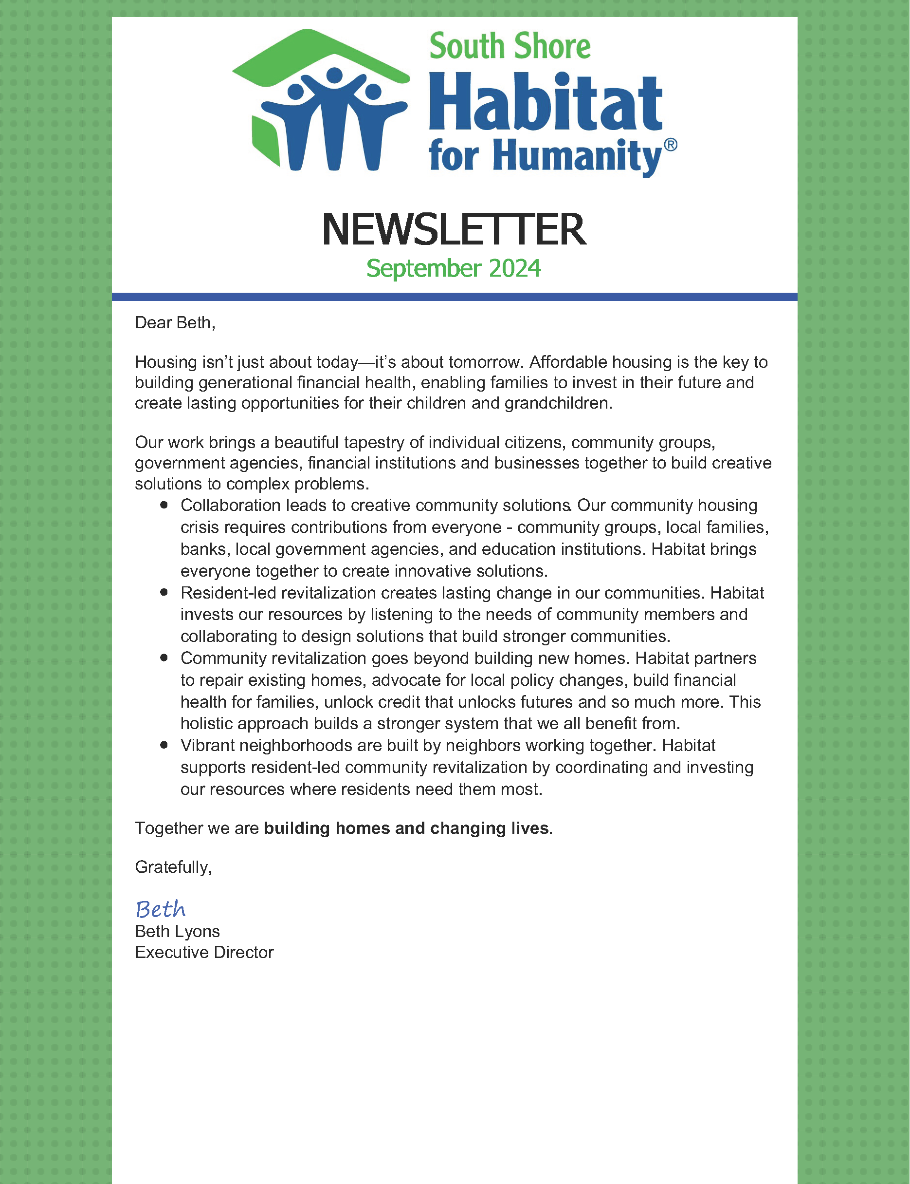 A newsletter from the south shore habitat for humanity