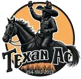 Logo for Texan AC showing a person on horseback inside an orange circle with the phone number 254-592-2013 below.