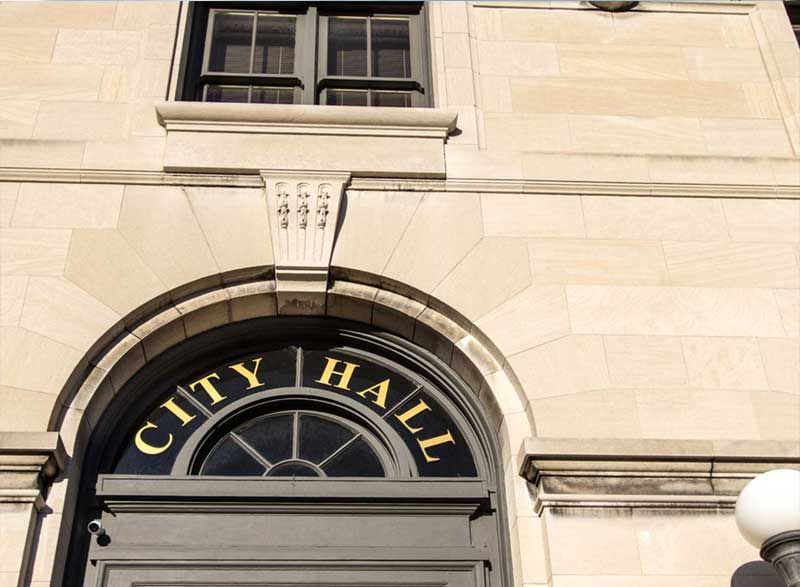 the front door of the city hall building