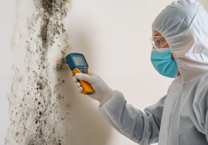 Person in protective suit inspecting mold on a wall with a thermal scanner.
