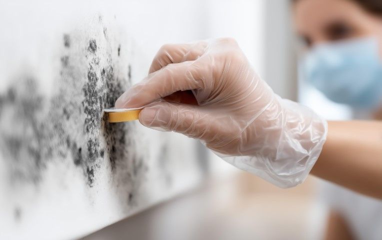 Person in mask and gloves inspecting mold on a white surface with a yellow tool.