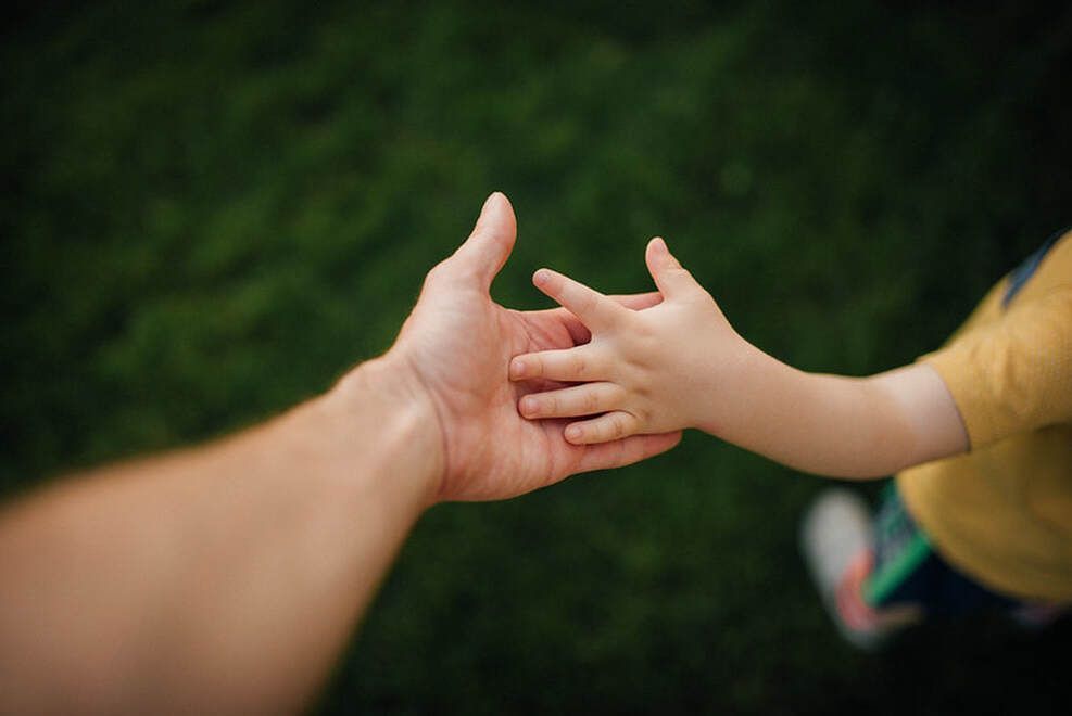 Adult hand holding a child's hand, green grass in background.