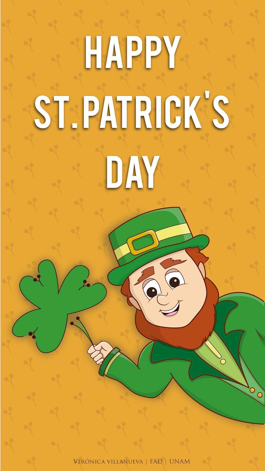 Happy St. Patrick's Day greeting with a cartoon leprechaun in green holding a clover.
