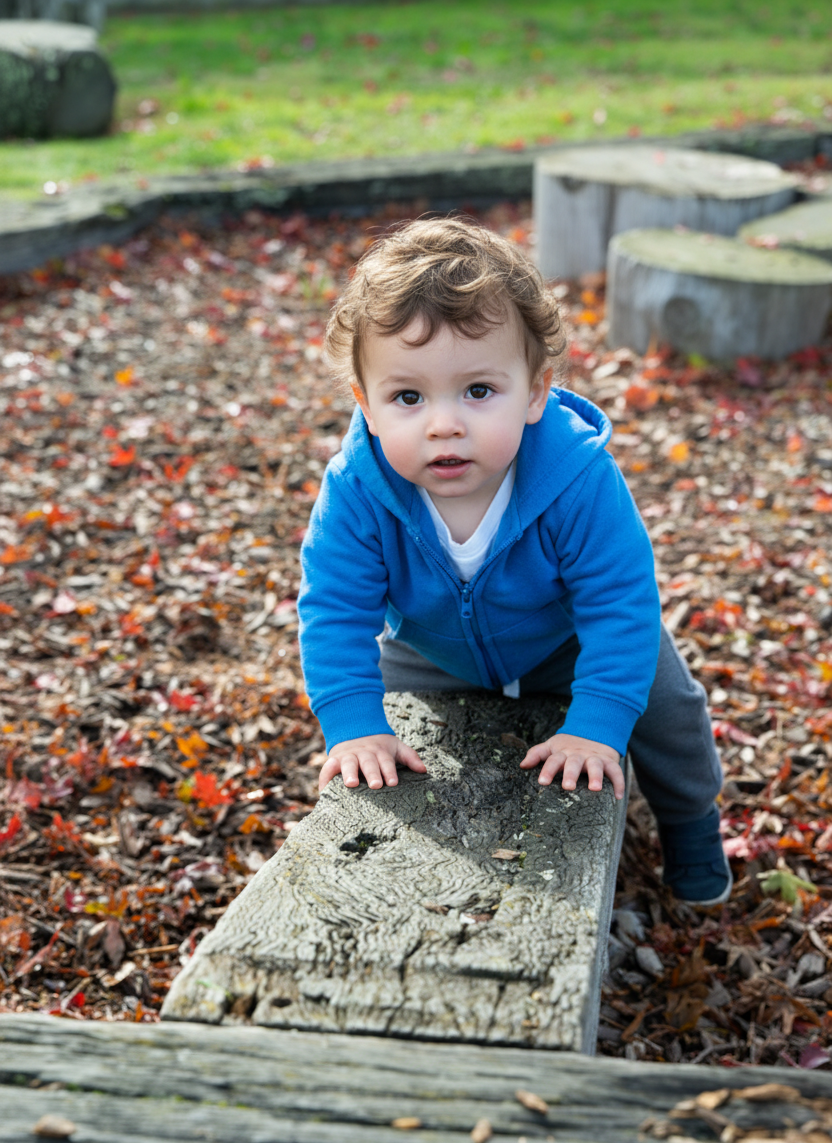 Toddler in blue hoodie crawling on wooden beam, eyes focused, outdoors with leaves.
