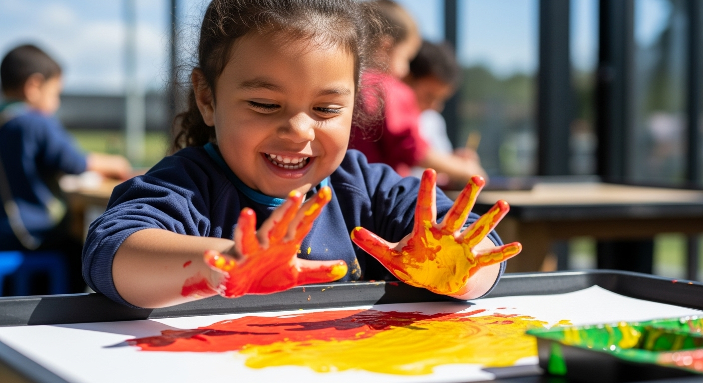 Girl smiles, showing paint-covered hands after finger painting on a sunny day.