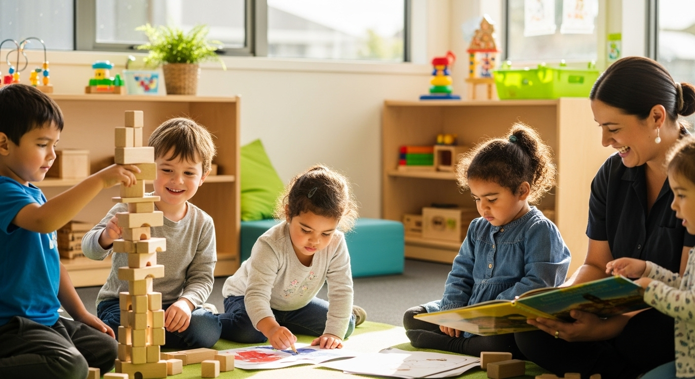 Children in a classroom with teacher. Some children are building with blocks and others are drawing.