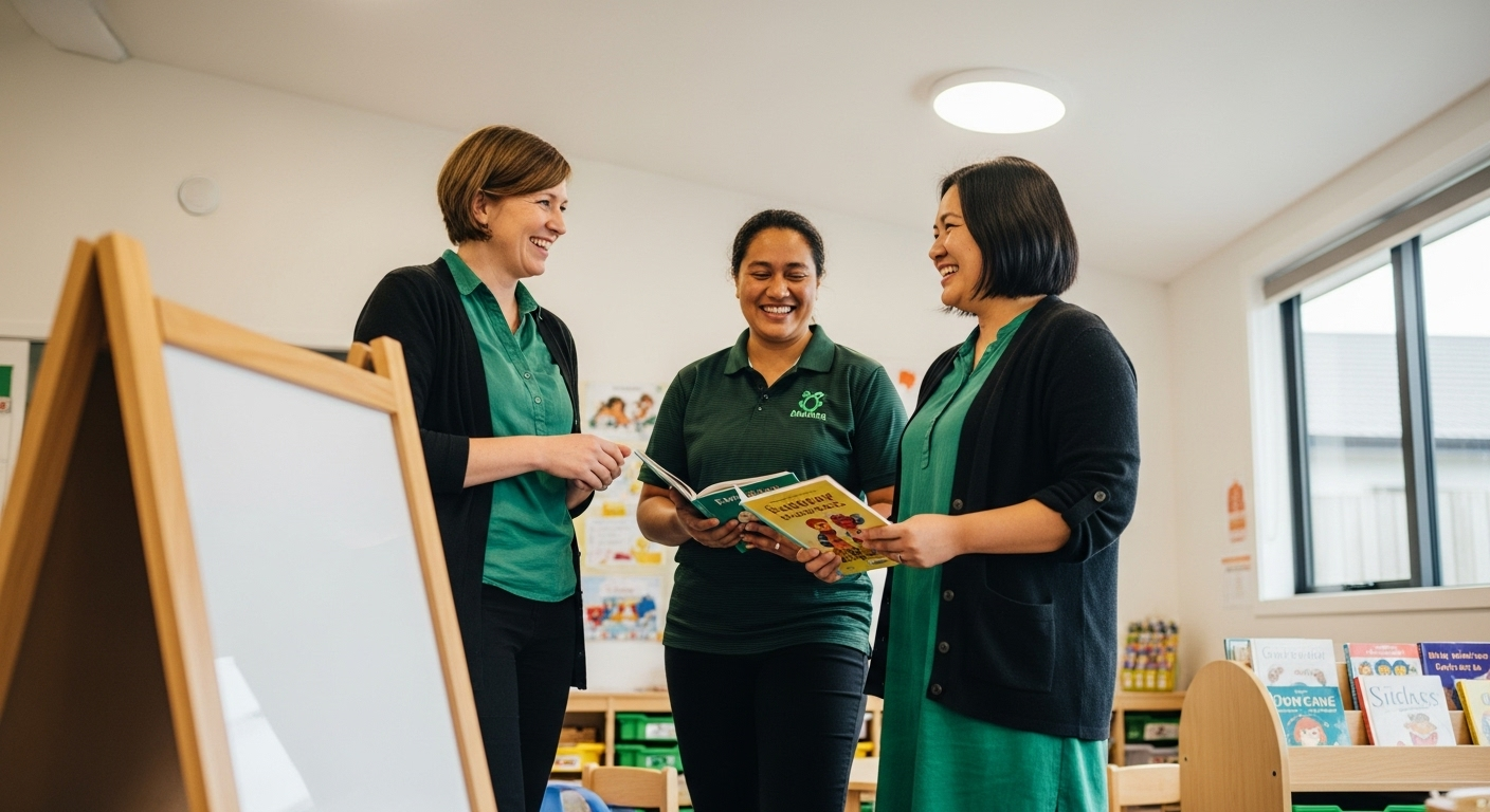 Three women in green shirts laugh together in a well-lit classroom; two hold books.