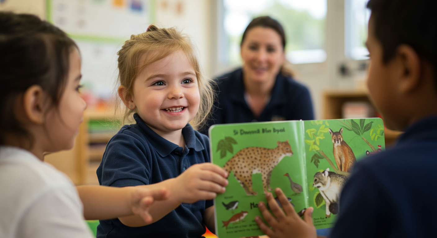 A young girl in a kindergarten classroom shares a forest green picture book while a teacher observes.