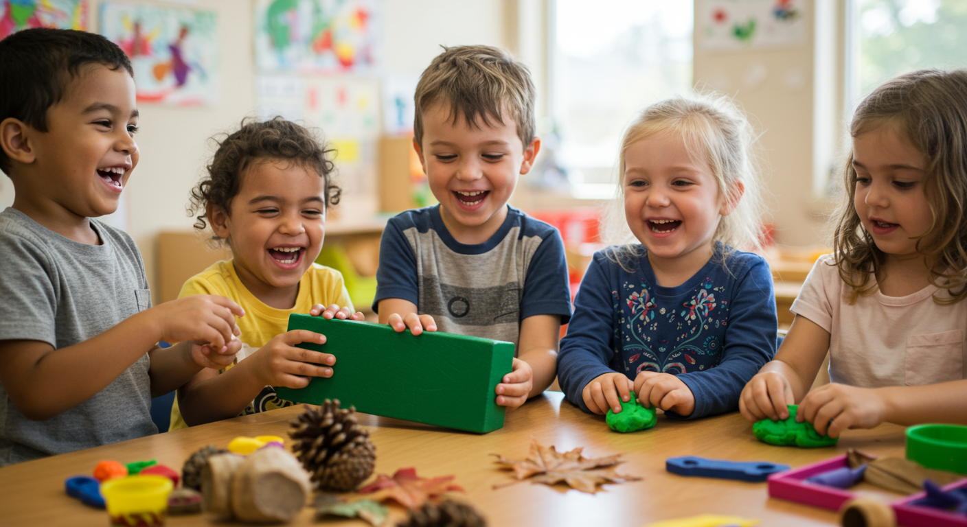 Five diverse children laughing while playing at a table, some with playdough, in a bright room.