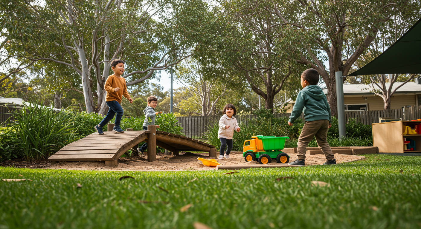 Children joyfully exploring an outdoor kindergarten environment, emphasizing freedom and connection to nature.