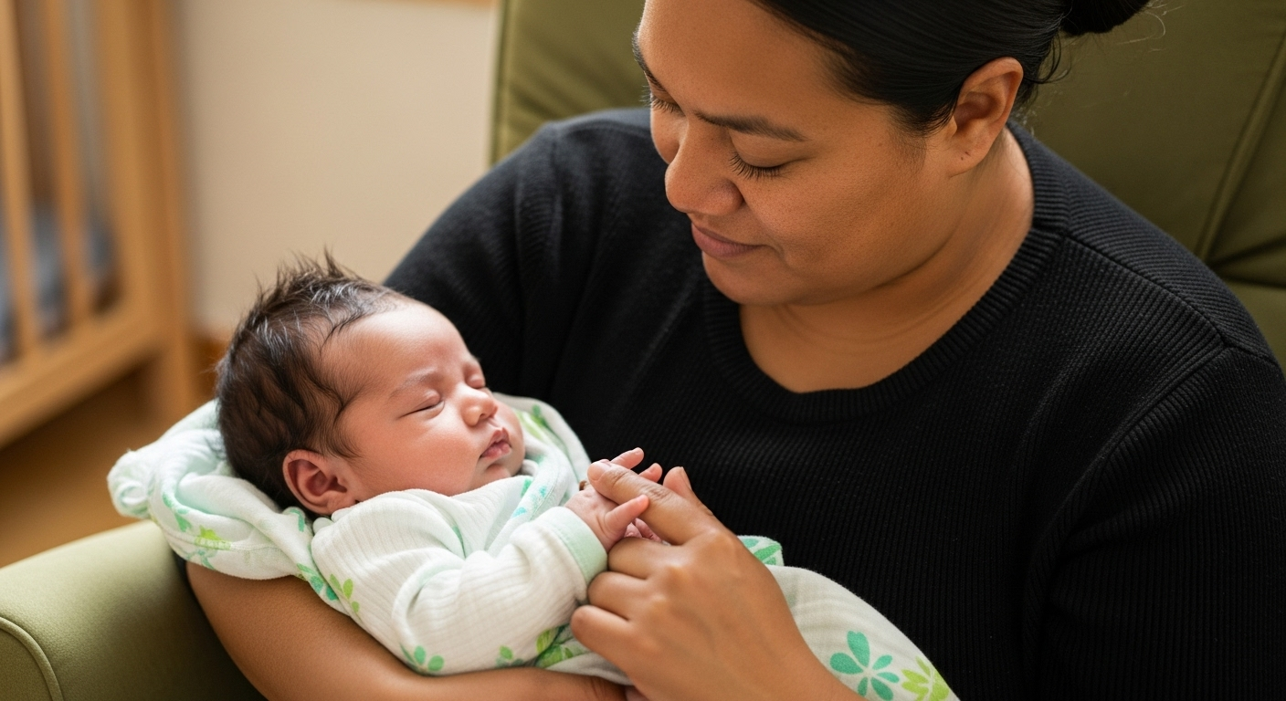 Woman in black shirt gazes at sleeping newborn wrapped in a blanket, sitting in a green chair.