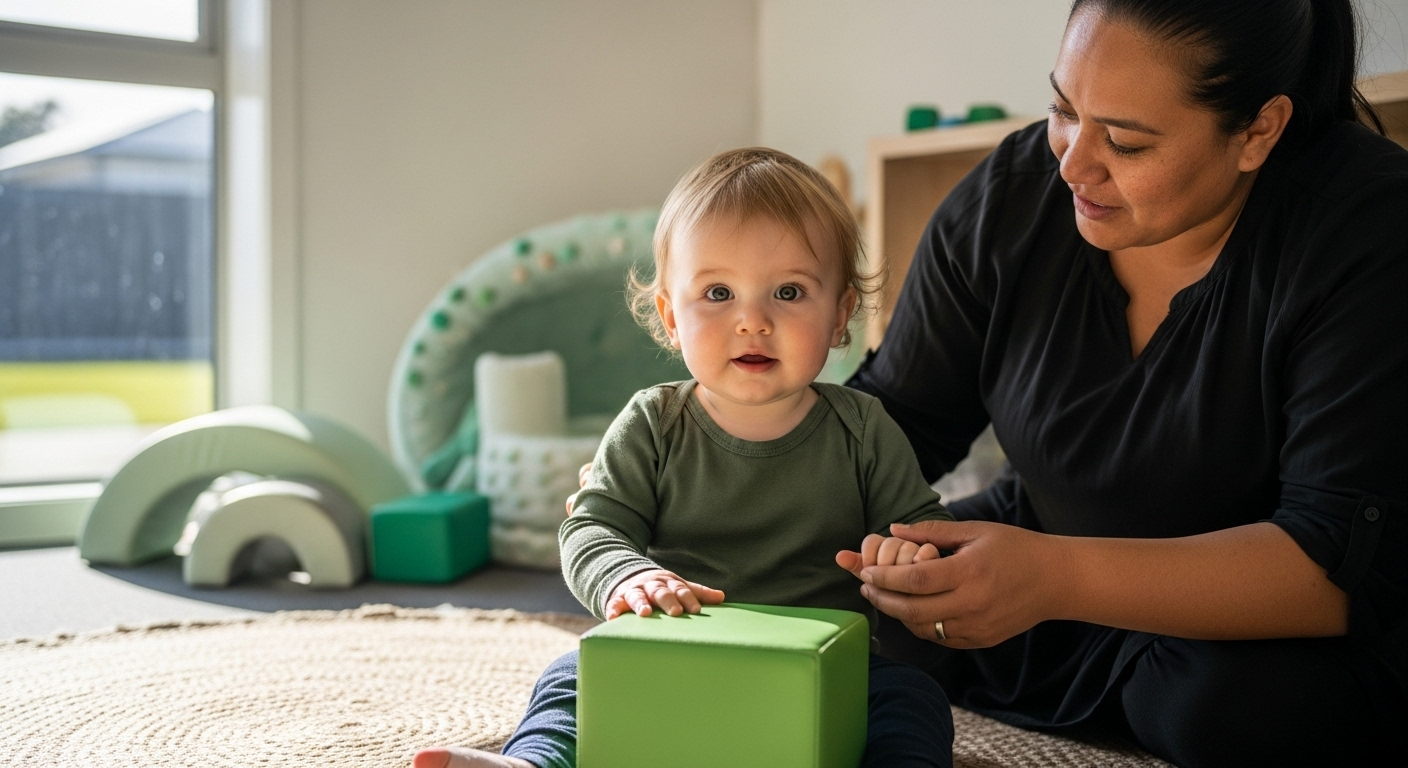 Baby sitting with caregiver, both looking at the camera. Baby holds green block, in a room with green toys.