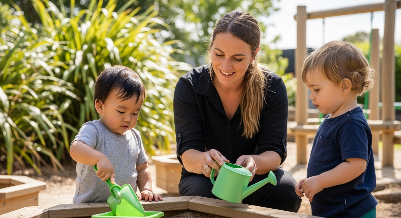 Woman helping two toddlers play with watering can and shovel in a sandbox outdoors.